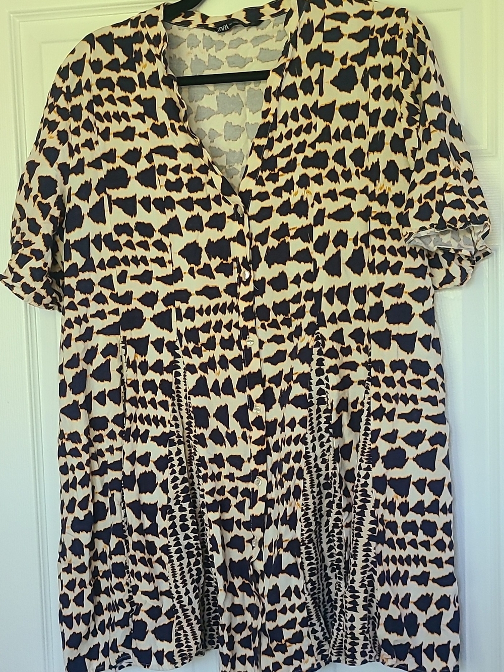 ZARA Women's Beige/Black Animal Print Short Sleeve Flowy Button-Up Shirt Sz XL